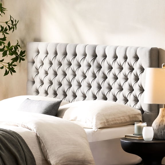 Contemporary Light Grey Fabric Headboard for Queen Bed / Upgrade Bedroom Decor Instantly