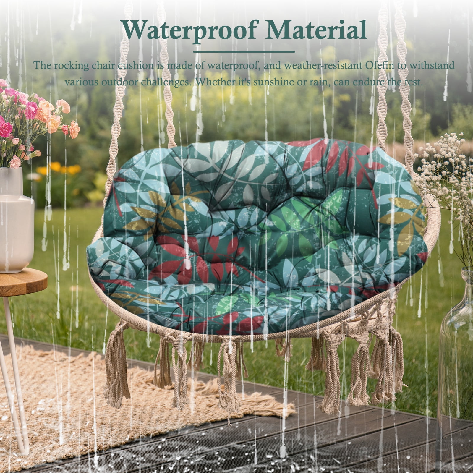 Egg Chair Cushion Replacement Waterproof – Outdoor Rocking Chair Cushions 6.3" Thick UV Resistant with 6 Straps for Patio, Balcony, Garden, Green Flower