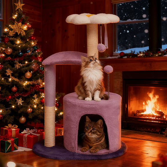 Ktaxon 33in Cat Tree, Multi-Level Tower with Scratching Post, Curved Perch & Plush Bed, Purple