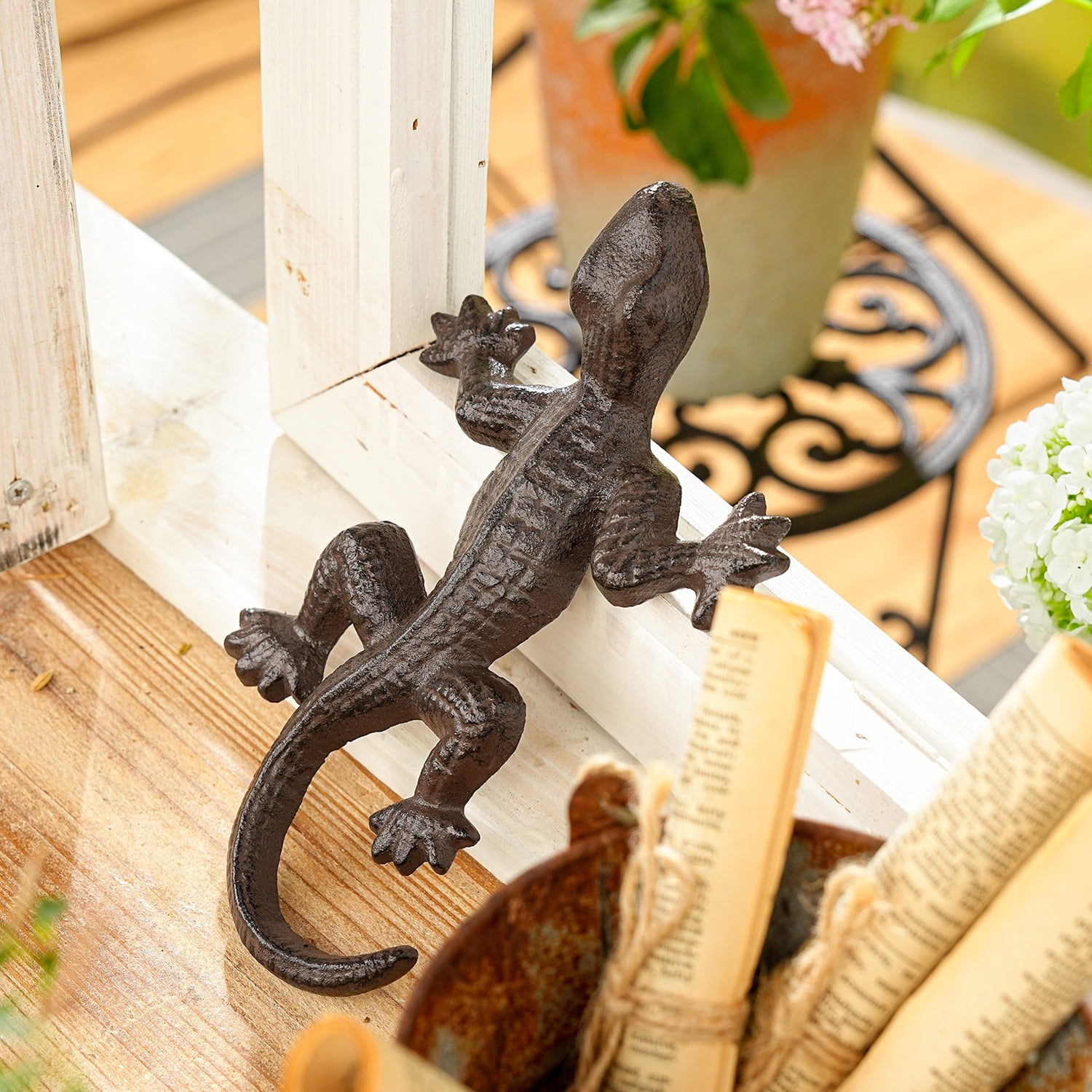 Sungmor Cast Iron Lizard Statue,Vintage Outdoor Animal Collection Figurines,Home Office Shelf Decor,Garden Lawn Adorable Ornament,Vintage Brown Finish - Straight Tail