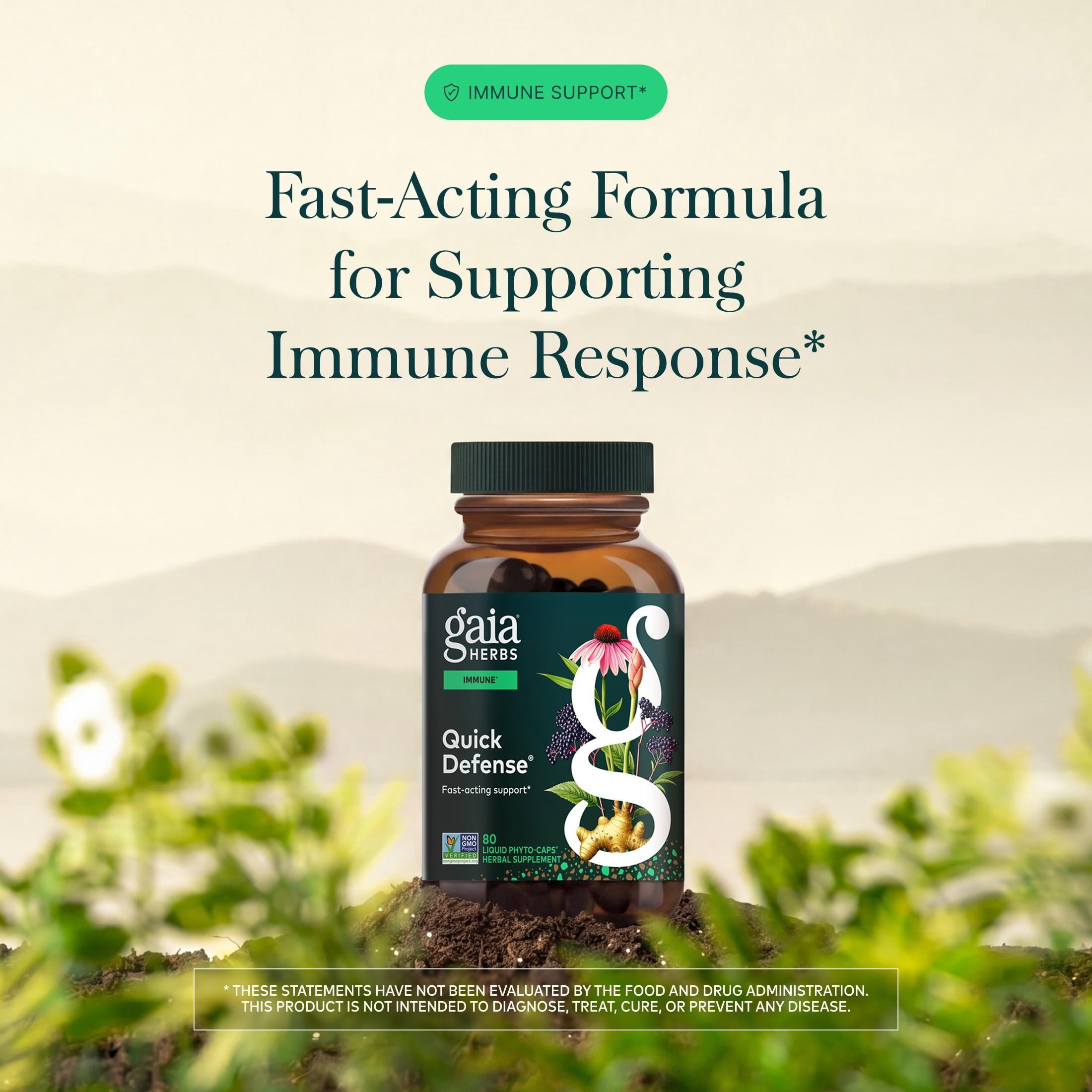 Gaia Herbs Quick Defense - Fast-Acting Immune Support Supplement* - Echinacea, Black Elderberry, Ginger & Andrographis - 80 Vegan Liquid Phyto-Caps (40 Servings)