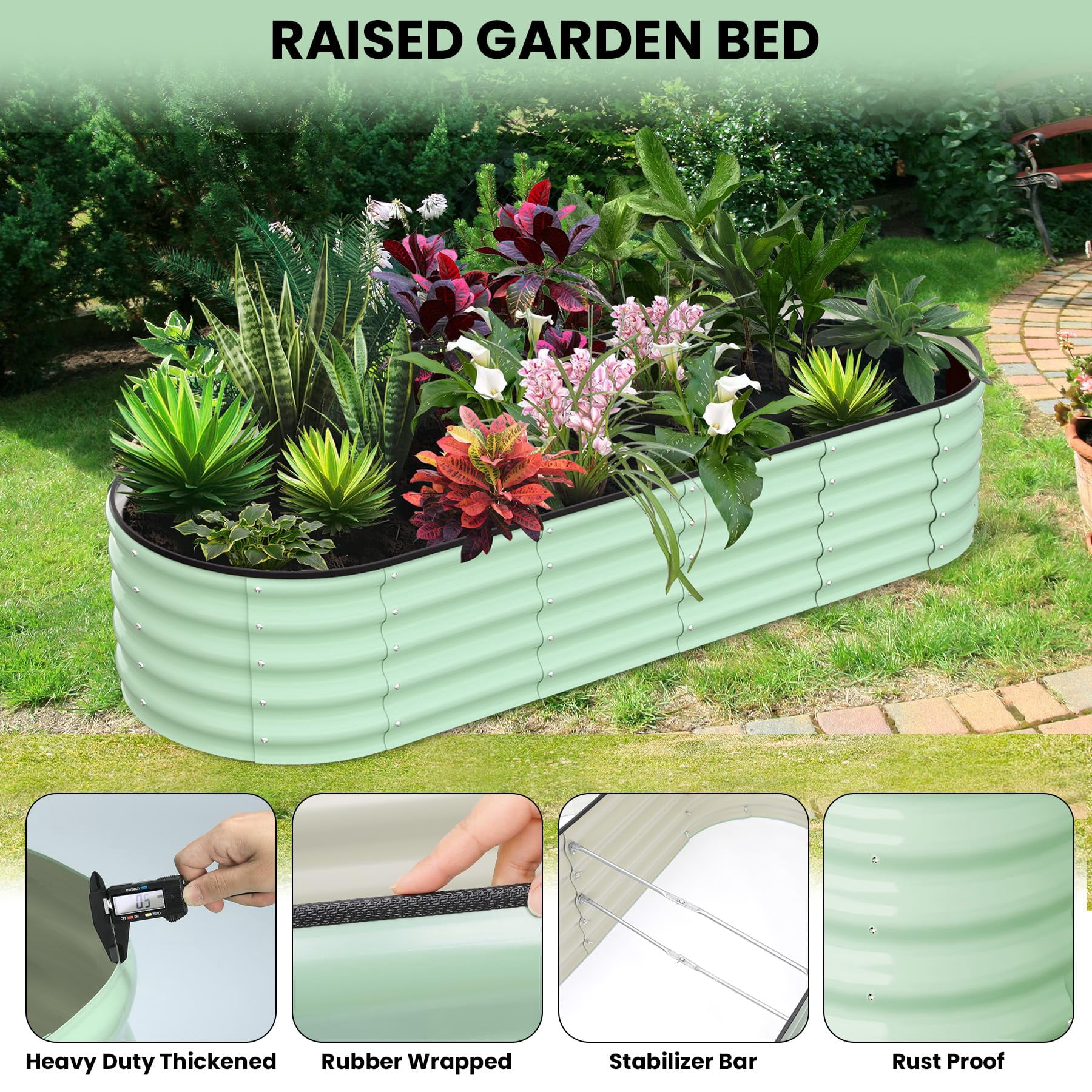 Yeshouse 8x2x1.5 FT Galvanized Raised Beds for Outdoor, Oval Raised Garden Bed with Open Base, Tool-Free Assembly Planter Raised Boxes for Outdoor Vegetables & Flowers, Green