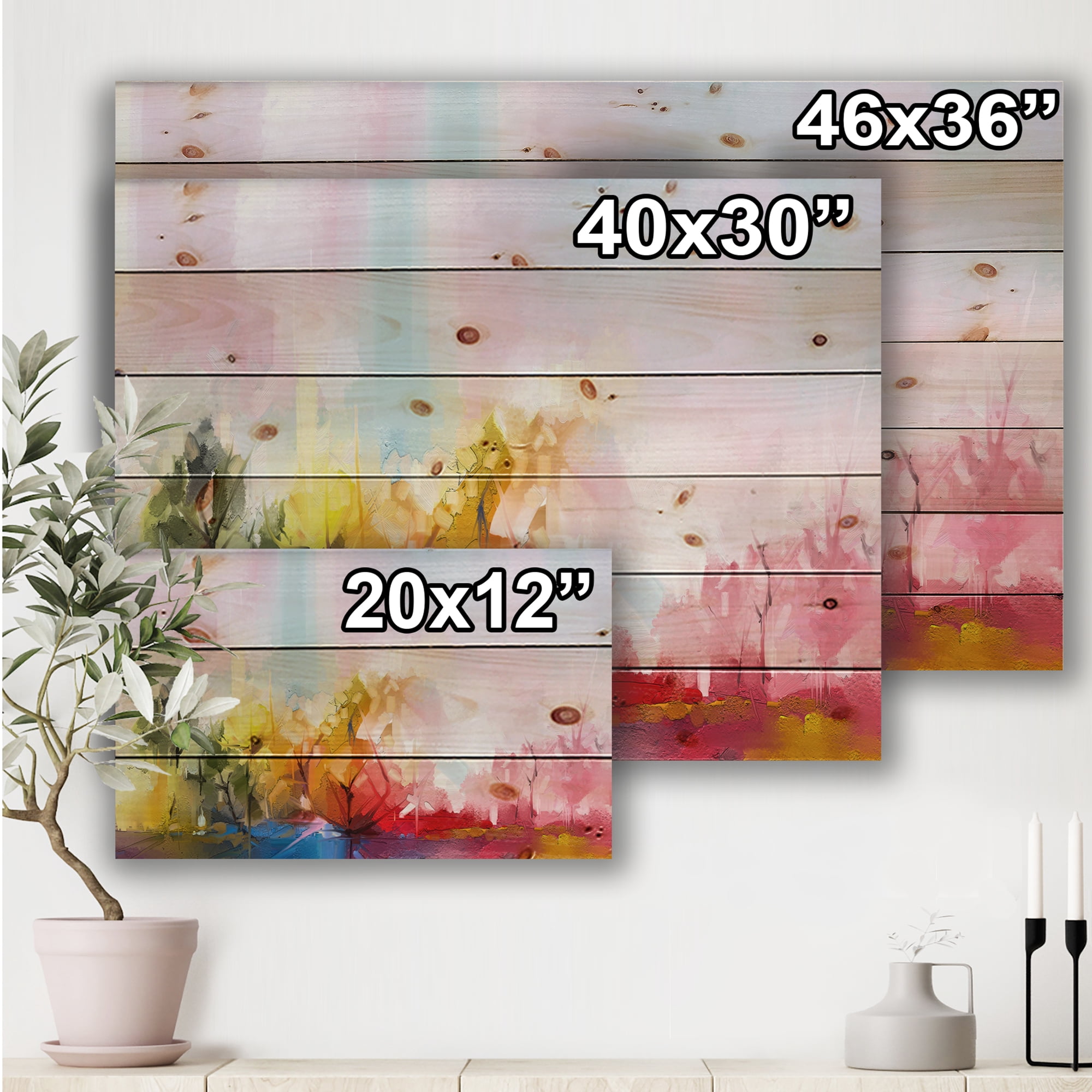 Designart 'Colorful Meadow Wth Abstract Tree' Modern Print on Natural Pine Wood