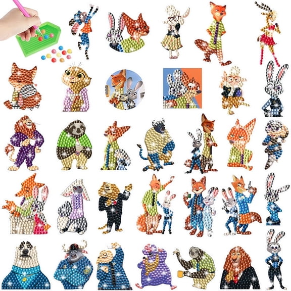 32 Pcs Cartoon Diamond Art Painting Sticker Kits for Kids-Cartoon Diamond Gem Stickers Kit,5D Gem Art Stickers Mosaic for Kids Gift for Boys Girls