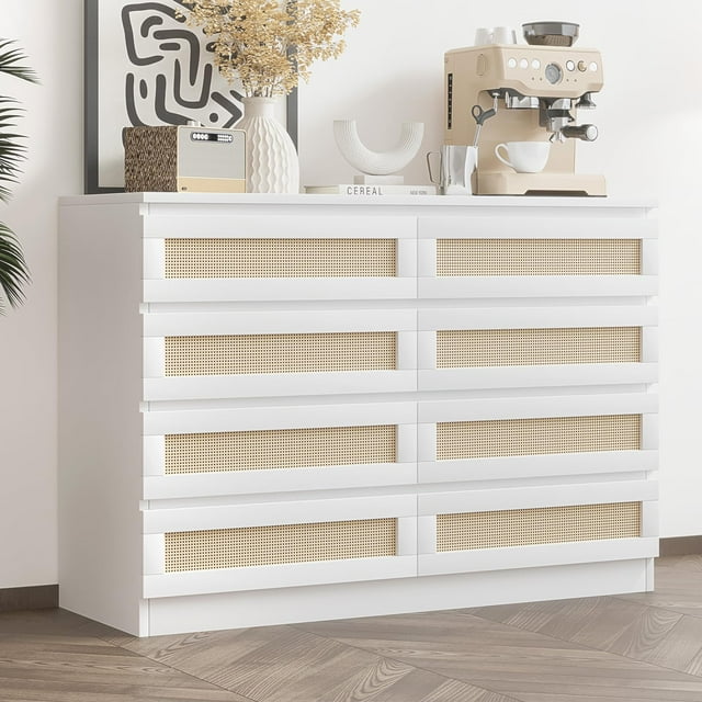 Garvee Commode en Rotin à 8 Tiroirs, Armoire de Rangement Autoportante pour Chambre et Salon pour Chambre, Garde-Robe, Salon, Entrée, Meuble Télé, Blanc