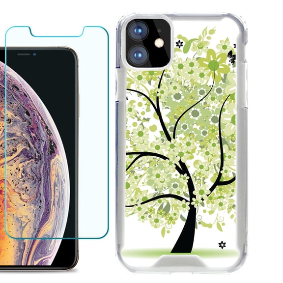 For Apple iPhone 11 Case, Hybrid Bumper Phone Case, with Tempered Glass Screen Protector, by OneToughShield ® - Green Tree