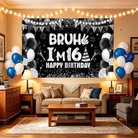 16th Birthday Party Decorations Backdrop for Boys Black Silver I'm 16 Banner Funny Teenage Bday Banner Boy 16th Birthday Decor Happy 16 Years Birthday Party Supplies 70.86x43.3in