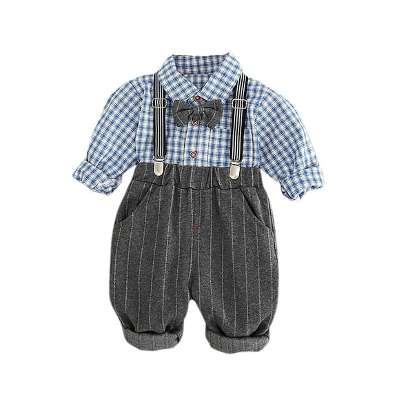 XinLfly Baby Boy's 2 Pieces Tuxedo Outfit, Long Sleeves Plaids Button Down Dress Shirt with Bow Tie Suspender Pants Set for Infant Newborn,Blue,5T