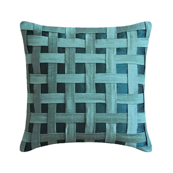 Chair Cushion Cover, Teal Blue Throw Pillow Cover 16x16 inch (40x40 cm), Silk Throw Pillow Couch, Geometric, Checkered, Basket Weave, Texture - Peacock Green N Teal Basket Weave