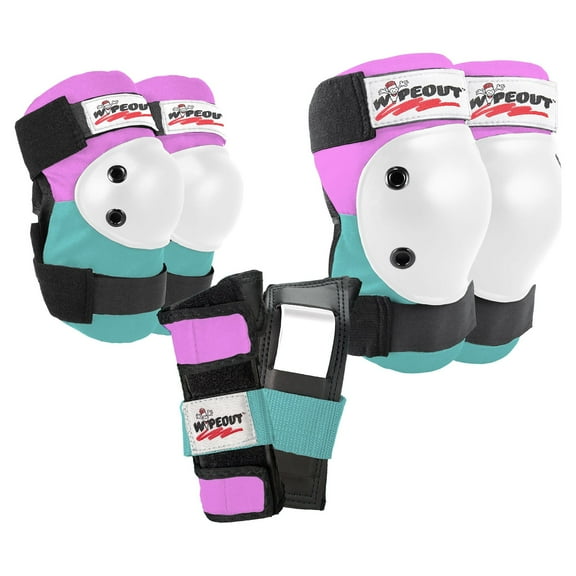 Wipeout 3 Pack Set with Wrist Guards, Knee and Elbow Pads for Bike, Skate, and Scooter, Pink/Teal