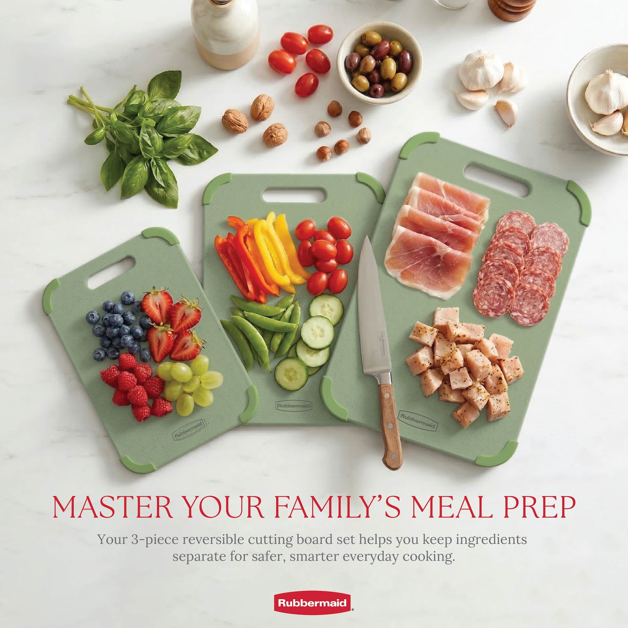 Rubbermaid 3-Piece Wheat Fiber Cutting Board Set with Non-Skid Corners, Pastel Green