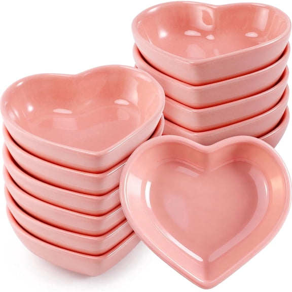 12 PCS Heart Shaped Ceramic Bowls, 3 Inch Small Ceramic Heart Dipping Bowls, Mini Soy Sauce Dish, Porcelain Side Dishes for Party Wedding Birthday Party(Pink)