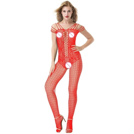 

Cuteam Sexy Bodystocking Women Sexy Bodystocking Pantyhose Hollow Out Solid Color Open Crotch Sleepwear