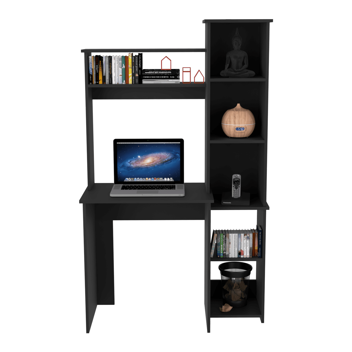 Astoutdoor Versalles Writing Desk with Two Shelves and Five Cubbies, Black