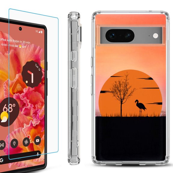 OneToughShield ® for Google Pixel 7a Shockproof Bumper Phone Case, with Tempered Glass Screen Protector - Sunset Flamingo
