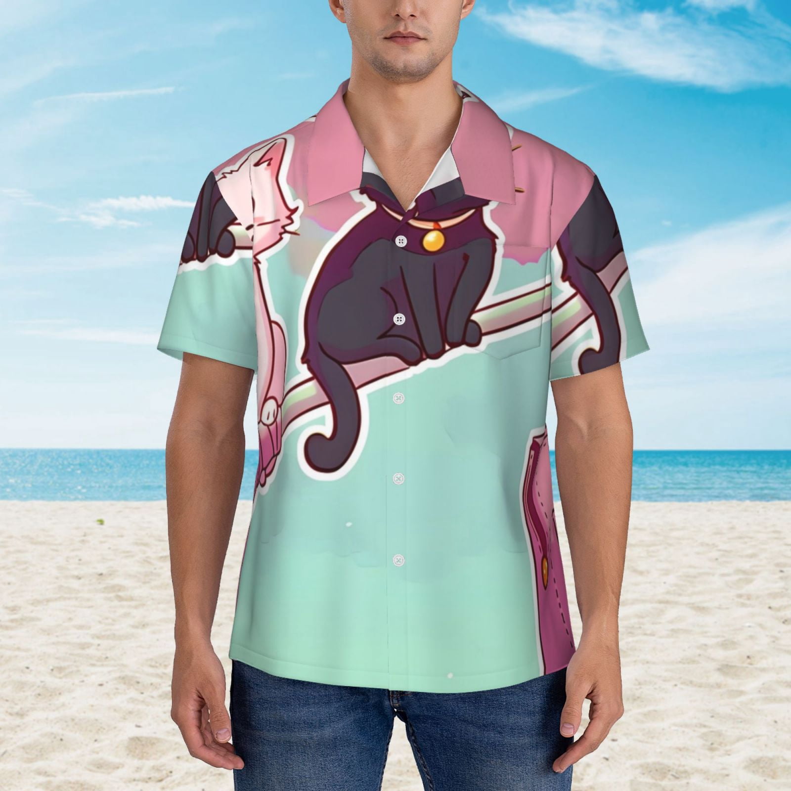 Logiee Cats On Broomstick Print Mens Hawaiian Shirts,Loose-Fit Short Sleeve Button Down Tropical Aloha Beach Shirt,Summer Vacation Wedding Tops,Large