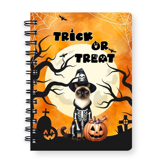 Trick or Treat Siamese Needs Candy Happy Halloween Night Spiral Bound Journal Cat Lover Kitten Owner Gifts 5x7in Spiral Notebook - 02020