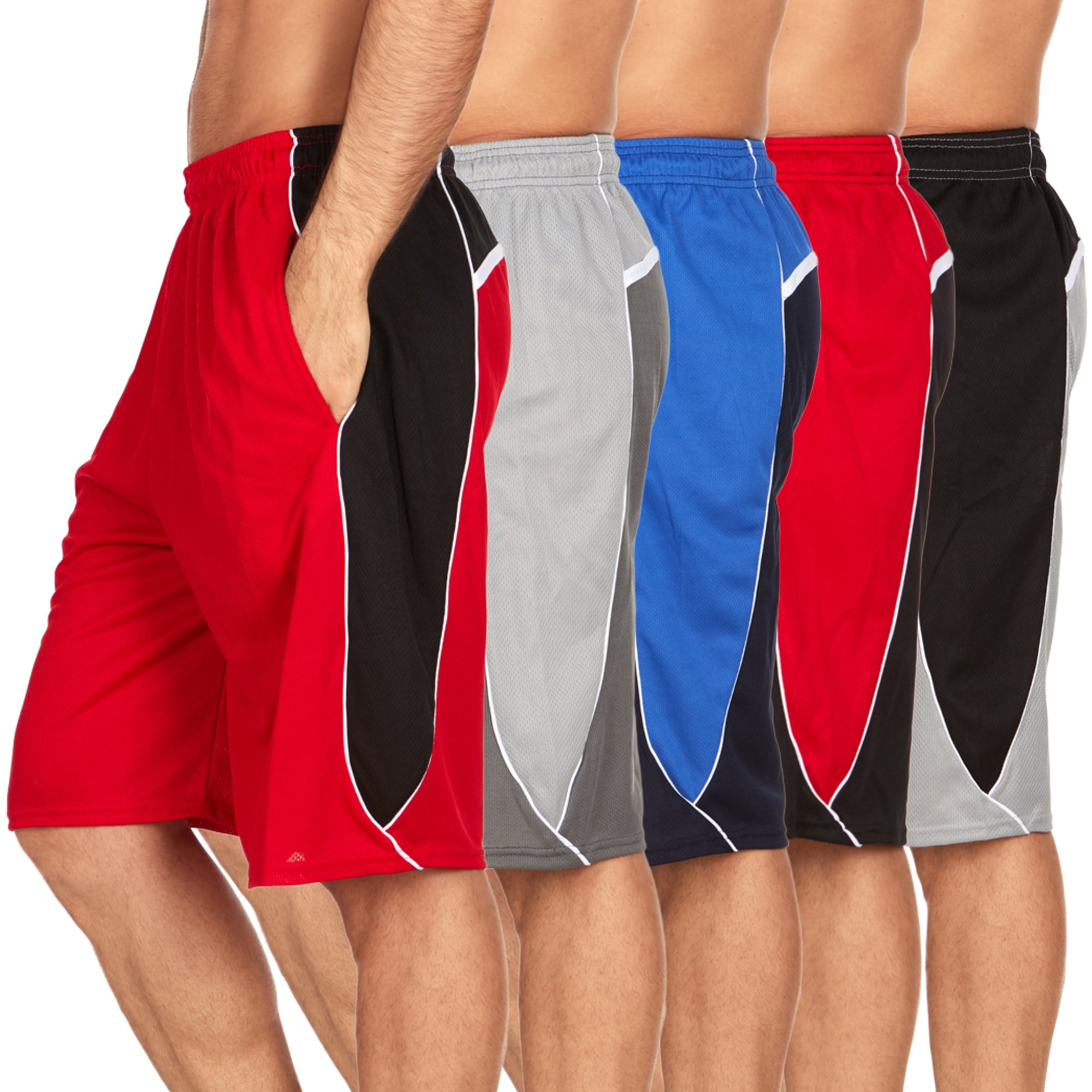 5 Pack: Mens Moisture Wicking Athletic Basketball & Gym Workout Shorts with Pockets Multipack, XL