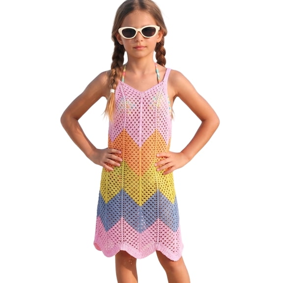 Weebloom Teen Girls Swim Crochet Cover Up Gradient Knit Tank Dress Beach Lightweight Summer Beachwear Loose Knit Swimwear Bathing Suit Girls Swim Suit Pink 9-10 Years