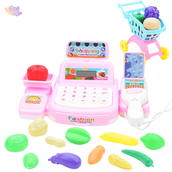 Kids Pretend Cash Register Shopping Playset with Mini Trolley, Simulation Play Fruits and Banknotes, Supermarket Pretend Play House Toys, Shopper Role Play Toy for Kids Ages 3 and Up