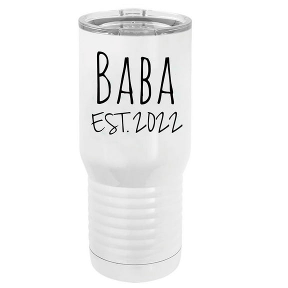 Baba Est. 2022 Established Stainless Steel Vacuum Double-Walled Insulated 20 Oz Tumbler Travel Coffee Mug with Clear Lid, White