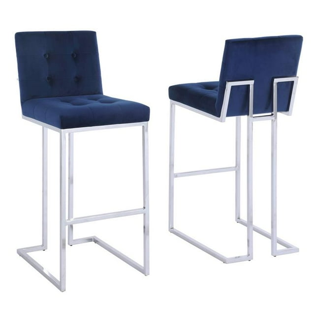 Barstools with Tufted Seats in Navy Blue Velvet and Chrome Legs (Set of 2)