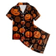 thumbnail image 4 of felwors Kids Halloween Pajamas Kids Pumpkin Ghost Print Girls Silk Pjs Short Sleeve Button-Down Top Shorts Set Kids Girls Clothes (Orange,10-11 Years), 4 of 5