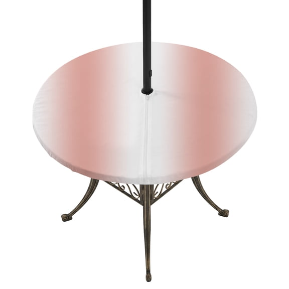 Round Outdoor Tablecloth with Umbrella Hole and Zipper, Coral Red White Fitted Table Cover with Elastic Edge for 55-60 Inch, Modern Gradient Vertical Stripes Geometric Waterproof Patio Tablecoths