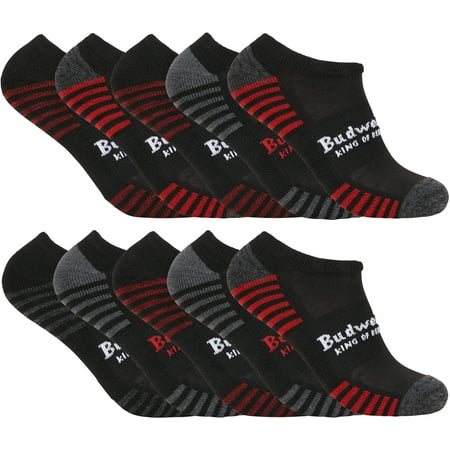 Budweiser Mens 10 Pair Pack Athletic No Show Cushion Socks - One Size Fits All, Black