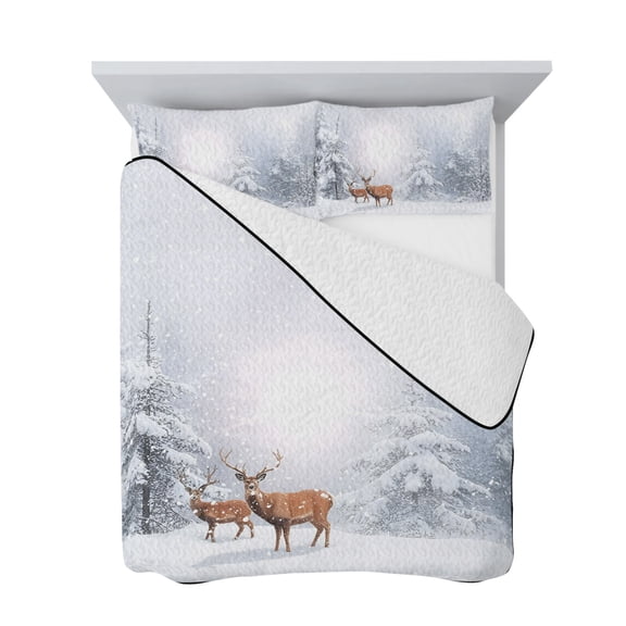 Twin Quilt Bedding Set, Winter Elk Snowfall Soft Microfiber Summer Bedspread Coverlet with 2 Pillow Shams for All Season, Forest Snowscape Tree Breathable Bedding Set for Hot Sleepers