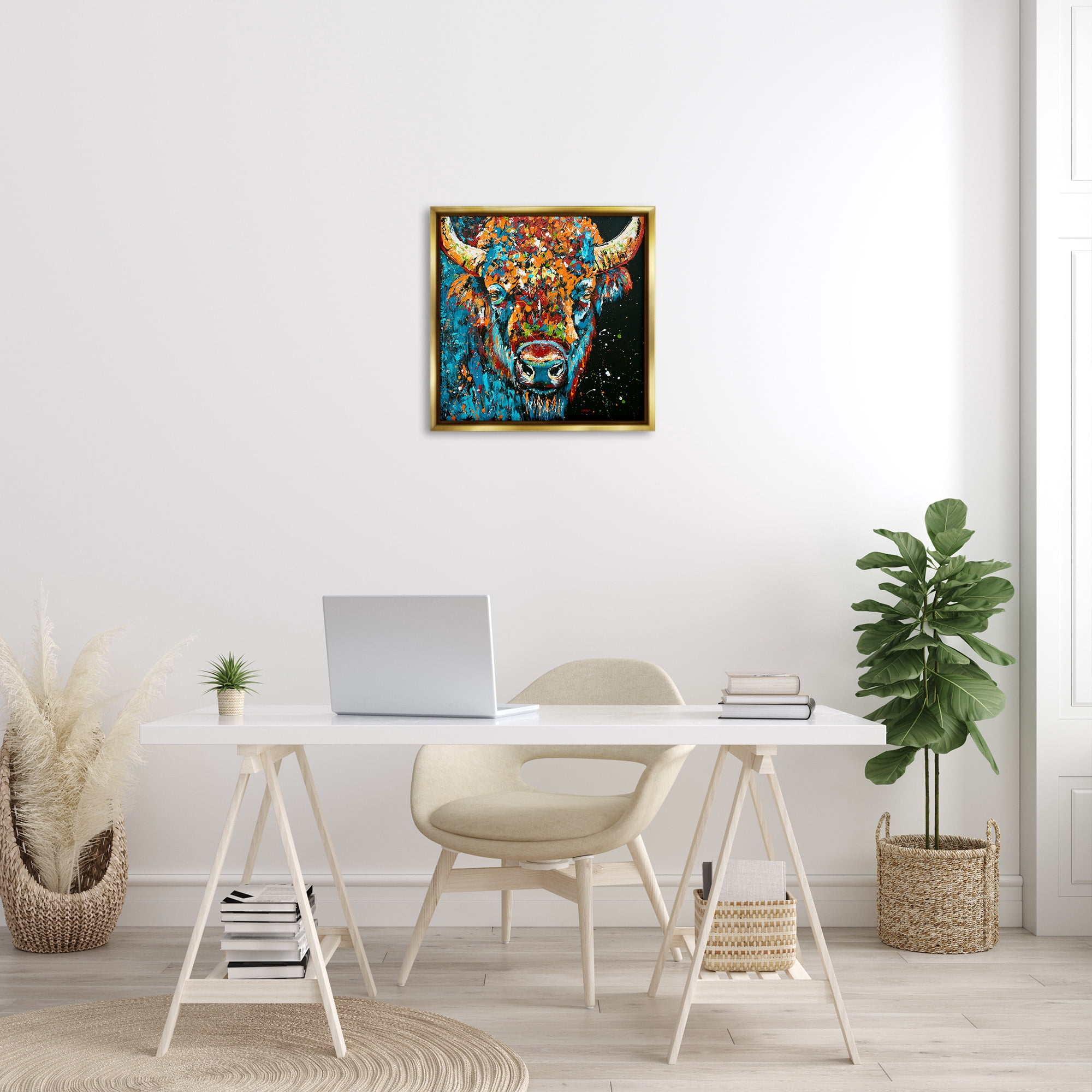 Stupell Industries Modern Bison with Paint Splatter Animals & Insects Painting Gold Floater Framed Canvas Art Print Wall Art, 25 x 25