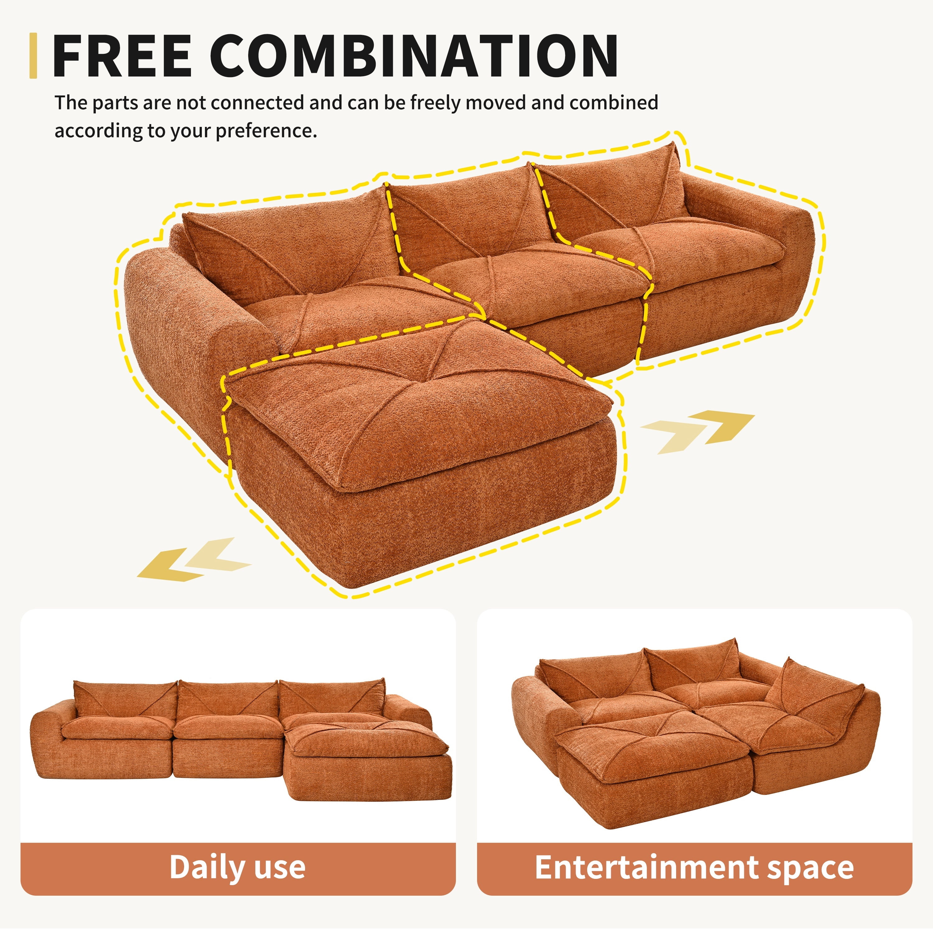 EPOWP 116'' Modular Sectional Sofa, L Shaped Boneless Cloud Couch, Convertible Chenille Couches Set with Ottoman, Memory Foam Sectional Couches for Living Room, Comfy Floor Sofa, No Assembly(Orange)