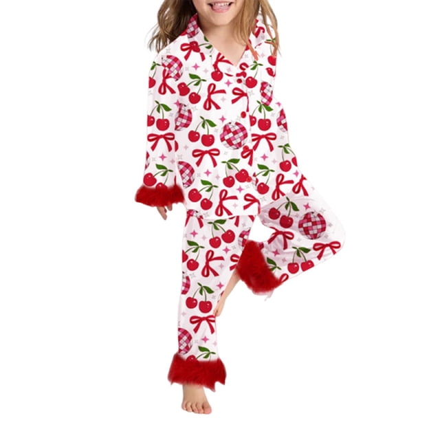 MEZZALL Girls 2025 Spring New Relaxed Personality Print Home Comfort Set Pajamas, Red, 2-3 Years