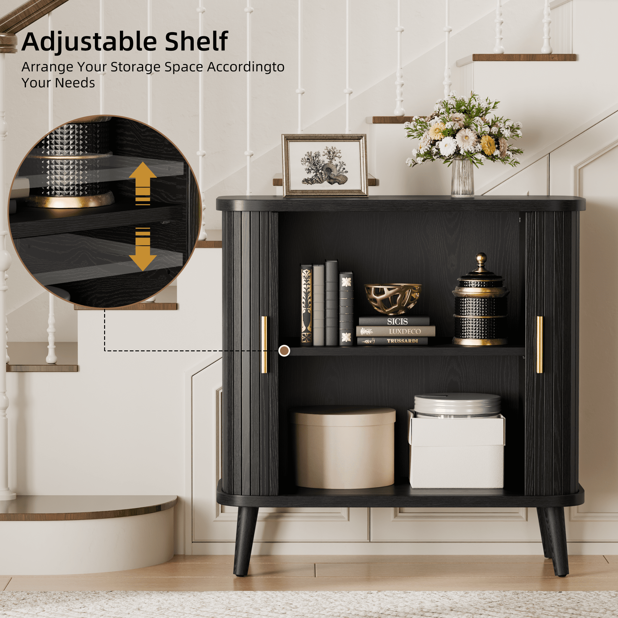 Laintene Buffet Cabinet with Storage, 31" Kitchen Sideboard with 2 Sliding Tambour Doors, Fluted Storage Cabinet with Adjustable Shelves, Entryway Cabinet for Living Room, Black
