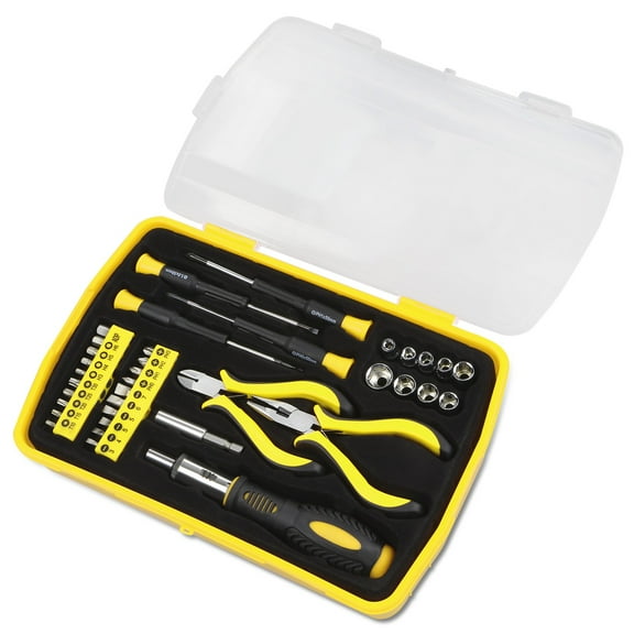 37 Piece Handheld Tool & Complete Drill Bits Set, Includes Screwdriver, Pliers, Ratchet Bit Driver, 1 Kit, Yellow/Black