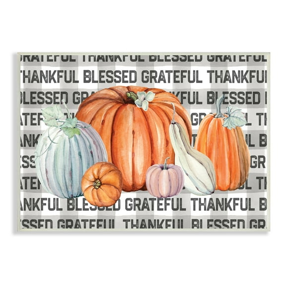 Stupell Industries Thankful Grateful Blessed Typography Grey Plaid Farm Pumpkins, 13 x 19, Designed by Valerie Wieners