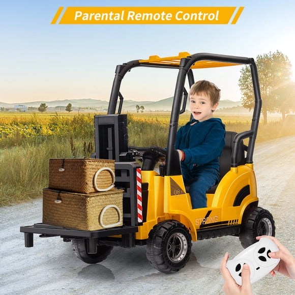 12V Kids Ride On Forklift Car with Tent and Remote Control – Liftable Fork & Pallet – Music, USB, MP3, Low Power Alarm – Construction Electric Vehicle Toy for Boys and Girls – Yellow