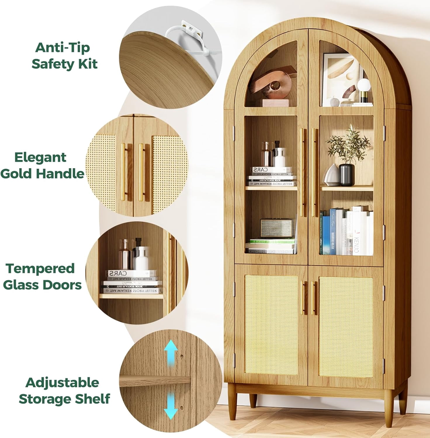MAYEERTY 71"H Arched Accent Cabinet, Wood Kitchen Pantry Cabinets with Glass Rattan Door and Adjustable Shelf for Living Room, Dining Room, Natrual