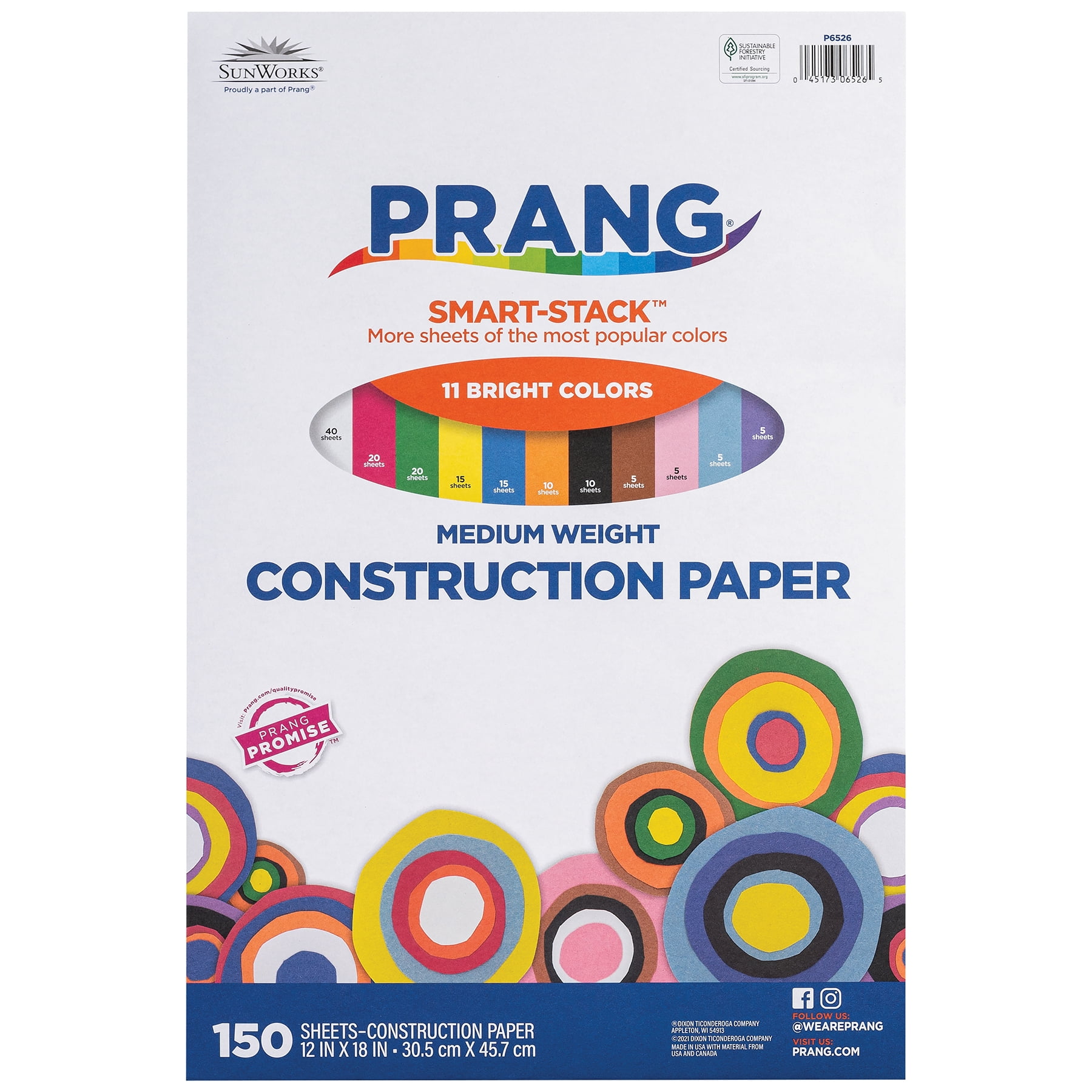 Prang Smart Stack Construction Paper, Medium Weight, 11 Assorted Colors, 12" x 18", 150 Sheets Per Pack, 2 Packs