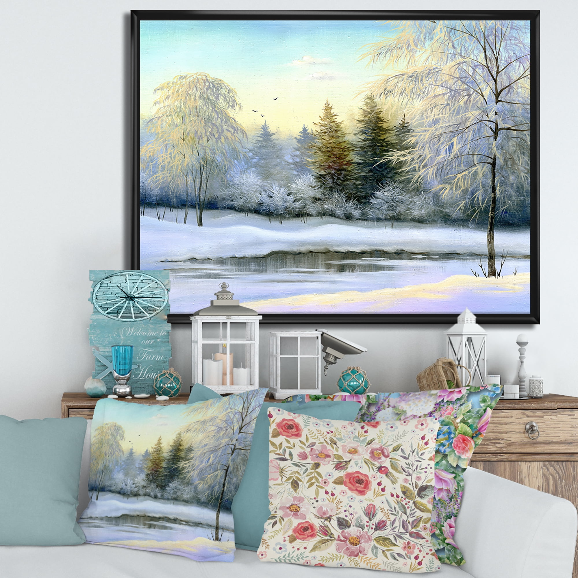 Designart 'Green Trees In Beautiful Winter Snow Landscape' Traditional Framed Canvas Wall Art Print