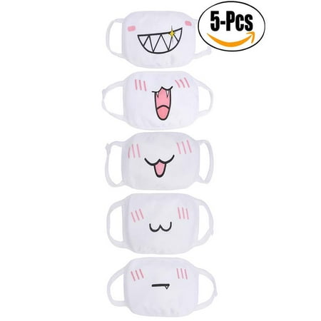 5 Pcs Mouth Masks, Aniwon Cotton Mask Anti-Dust Protective Earloop Kpop Mask EXO Mask Cute Kaomoji Face Mask Emoticon Mask for Winter for Men and Women White