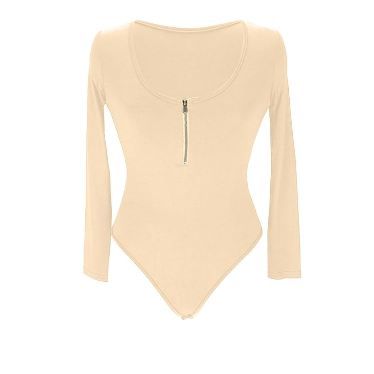 Womens Long Sleeve Rib Knit Bodysuit Round Neck Solid Color Sexy Ribbed One  Piece Romper Onesies Bodycon Tops (Large, Beige Zip)