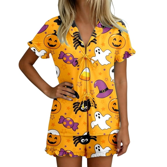 Womens Outfits Halloween Lightweight Print Lapel Short Sleeve Belted Top And Shorts 2 Piece At Home Wear Women's Clothing Sets L