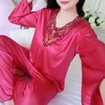 thumbnail image 4 of FNFYFH Womens Plus Size Satin Pajamas Set Two Piece Long Sleeve Silky Sleepwear V Neck Lace Pj Set, 4 of 6