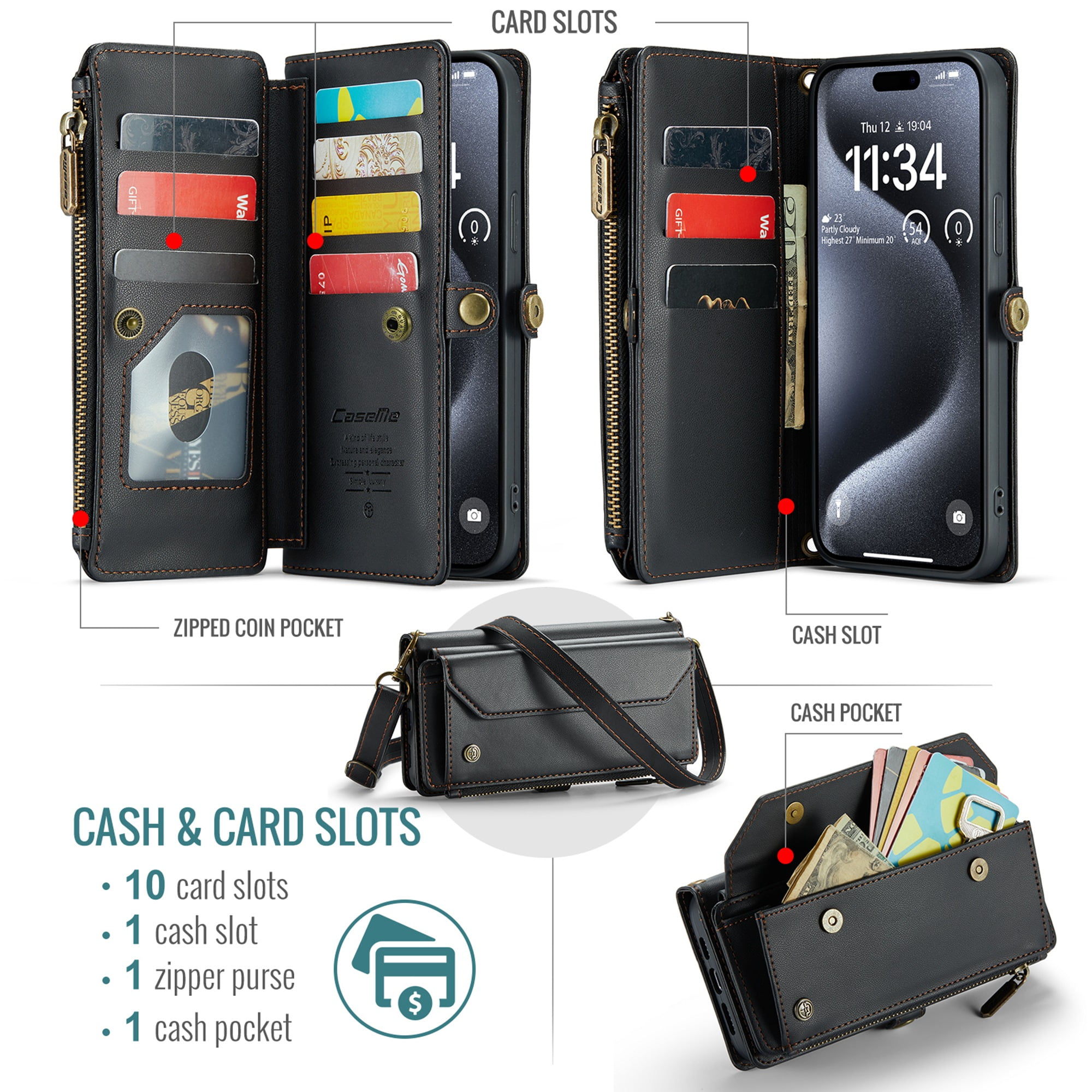 Dteck Crossbody Wallet Case for iPhone 16 RFID Blocking 10-Card Holder Soft PU Leather Magnetic Snap Shoulder Strap Zipper Pocket Phone Case Fit for iPhone 16,Black