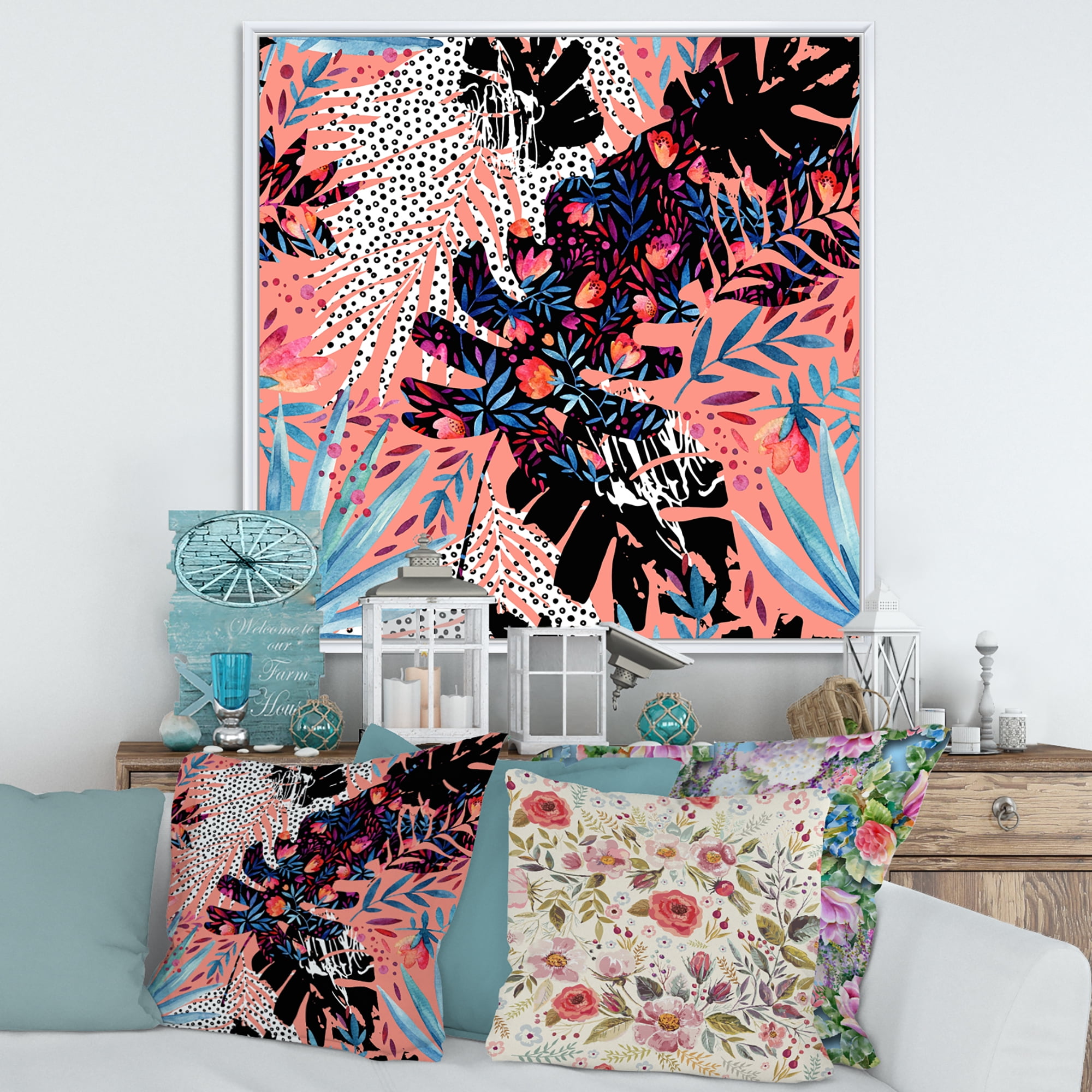 Abstract Tropical Floral Patchwork II 36 in x 36 in Framed Painting Canvas Art Print, by Designart