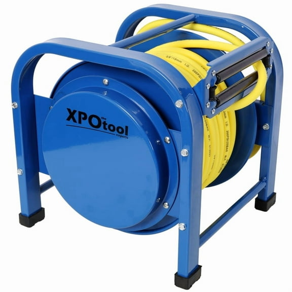 Blue Retractable Air Hose Reel (3/8"×100FT, 300 PSI: Spring-Driven Steel, Kink-Resistant Hybrid Hose, Industrial Heavy-Duty)