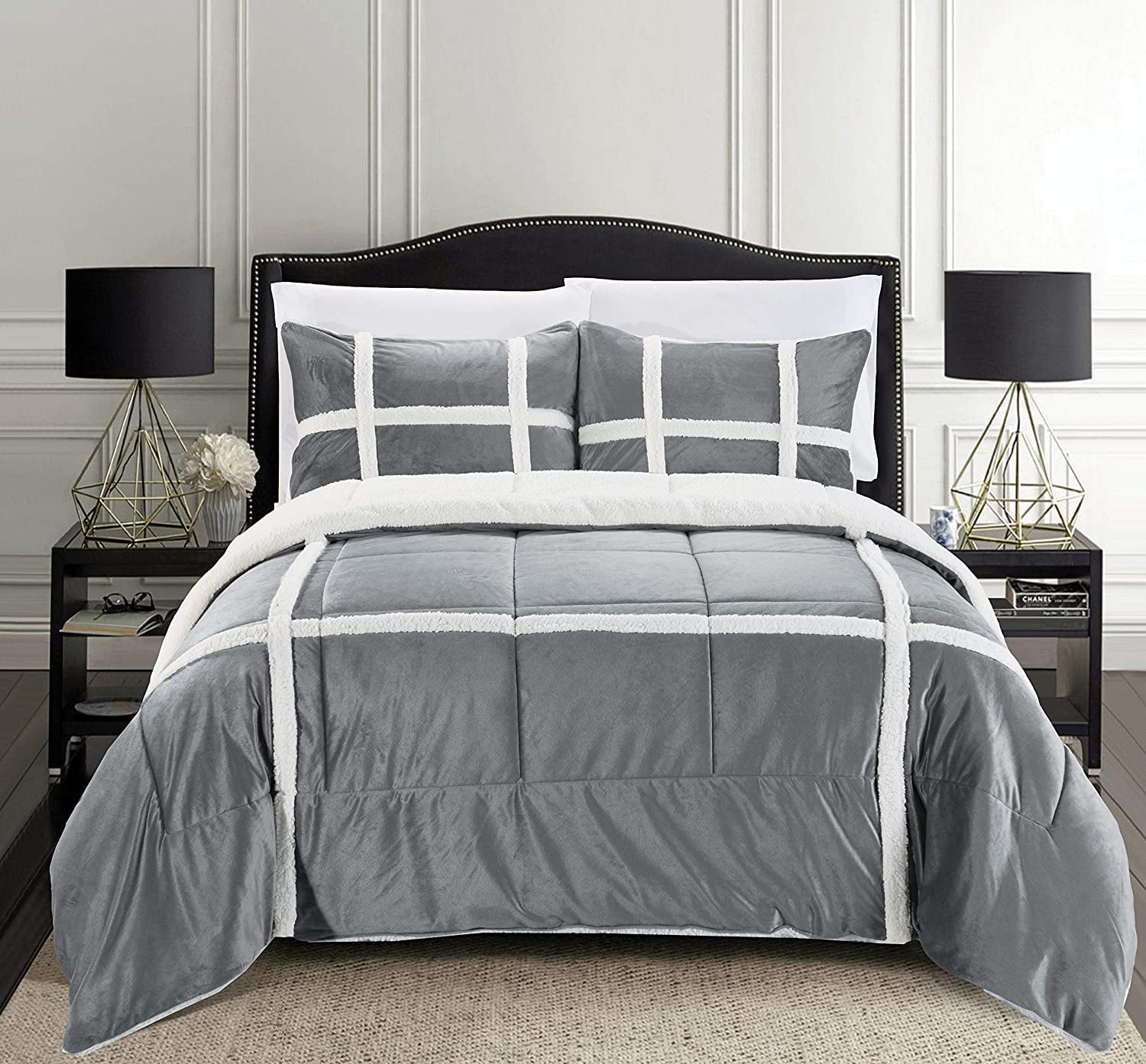 Celine Linen Micromink Stripe Lined Sherpa Comforter Set, Micro-Suede  3-Piece Reversible Comforter Set, King/California King, Gray
