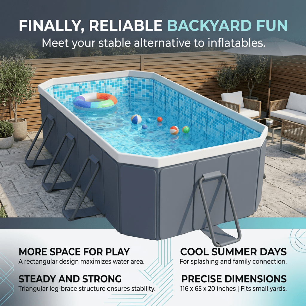 Hyindoor Outdoor Foldable Non-Inflatable Adults and Kids Swimming Pool Titanium Aluminum Support Steel Frame Anti-Slip for Lawn Garden Backyard（116" x 65" x 20"）