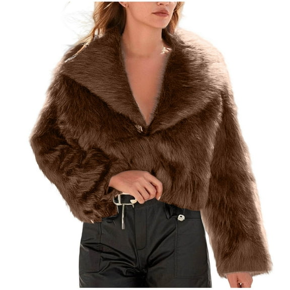 HTNBO Womens Faux Fur Jacket Fluffy Fur Coat Cropped Long Sleeve Lapel Button Down Fuzzy Winter Outerwear
